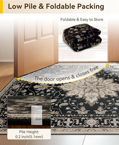 RELEANY Area Rugs 3'x5' Washable Non-Slip, Floral Vintage Distress Medallion Carpet for Living Room Bedroom Dining Room, Black Brown Neutral Dark Tan