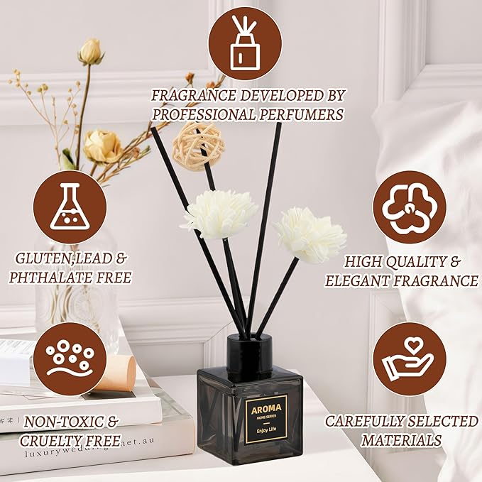 Black Glass Bottle Scent Diffuser, 1.7 oz Reed Diffuser with Sticks, Home Fragrance for Bookshelf, Bedroom Vanity, Office Desk & Bathroom Decor, Air Freshener for Aesthetic Room Decor (Ocean)