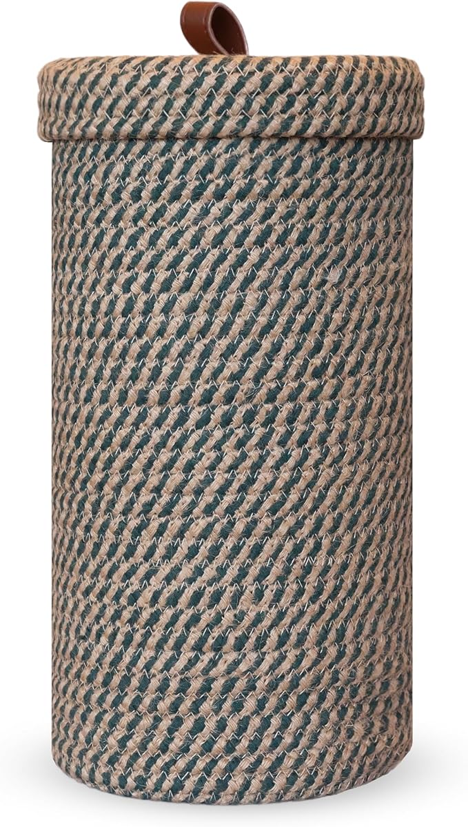 Handmade Cotton & Jute Toilet Paper Holder – Woven Toilet Paper Stand & Storage Basket with Lid, Freestanding Organizer for Bathroom, Fits 3 Rolls Green