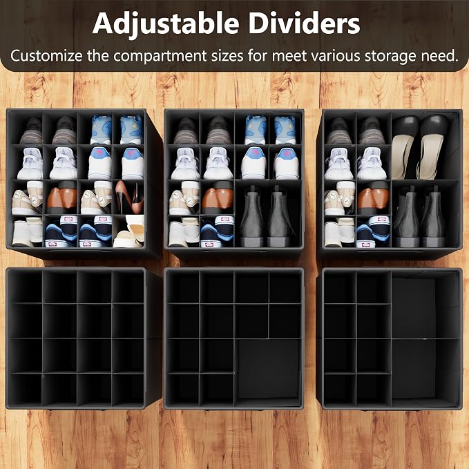 SUOCO 2 Pack Shoe Organizer for Closet, Fits up to 32 Pairs, Small Space Shoe Storage Boxes Bins Containers w/Adjustable Dividers and Clear Top, Black