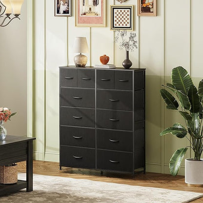 Tall Console Table with 12 Fabric Drawers, Tall Storage Organizer with Wood Top, Entryway Table with Storage, Steel Frame for Living Room, Hallway, Office, Charcoal Black