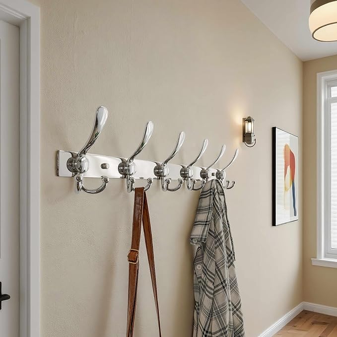 Dseap Coat Rack Wall Mount 2.0 Pro: 24” Long, 3X Tougher, Heavy Duty Stainless Steel Wall Coat Hanger with 6 Tri Hooks for Clothes Jackets Hats Entryway Closet, Chromed, Pack of 2