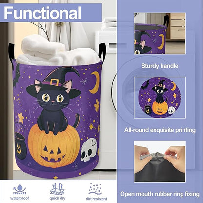 Laundry Basket,Halloween Cat Large Canvas Fabric Lightweight Storage Hamper Organizer Dirty Clothes Collapsible Waterproof for College Dorms,Bathroom