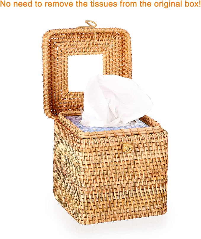 Sumnacon Tissue Box Cover Square Tissue Box Rattan Tissue Box Holder with Hinged Top Lid, Wicker Tissue Holder for Bathroom Toilet Living Room Kitchen Office Table Desk, Yellow
