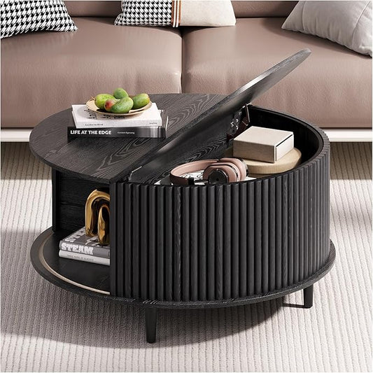 Round Coffee Table with Storage, 31.5" Modern Coffee Table with Sliding Door & Solid Wood Legs, Minimalist Fluted Center Table for Living Room, Home Small Space, Black