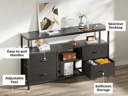 Huuger 47 Inch TV Stand Dresser with Power Outlets and LED Lights, Fabric Dresser for Bedroom with Storage, 4 Drawers Entertainment Center with Open Shelf, Media Console for 55 50 Inch TV, Black