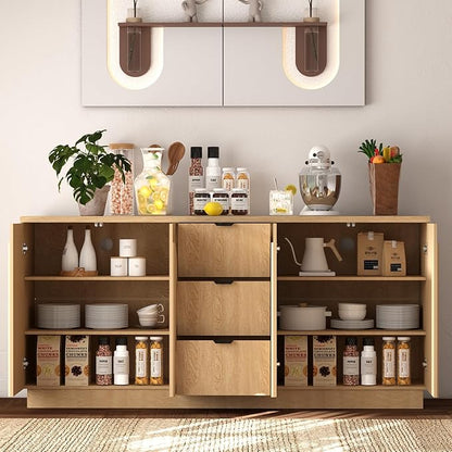 Brafab 67" Mid Century Modern Style Storage Sideboard with 4 Arched Reeded Design Doors and 3 Drawers with Adjustable Shelves, Suitable for Living Rooms, Studies and Dining Rooms (Natural Oak, 1 PCS)