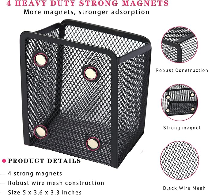 Large Magnetic Pen Holder, Magnetic Basket 4 Strong Magnet Pencil Holders Locker Accessories for Refrigerator Whiteboard Black(3.7x2.7x5 In)