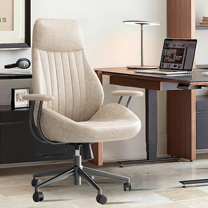 ovios Home Office Chair, Mid-Century Modern Faux Suede Leather Ergonomic Chairs, High Back Comfy Computer Swivel Rolling Task Executive Armchair, Beige