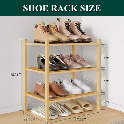 Smiry Small Bamboo Shoe Rack 3-Tier, Stackable Wooden Shoe Organizer for Entryway & Closet, Free Standing Wood Shoe Storage Shelf for Front Door & Small Spaces, Natural