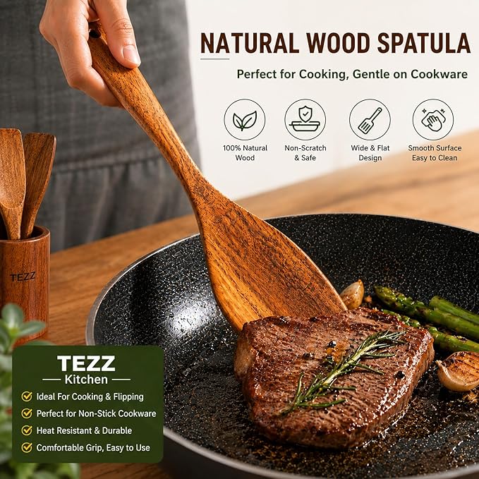 Wooden Spatulas, 2 PCs Natural Acacia Wooden Cooking Utensils Set for Non-stick Pan Kitchen Tool, flipping and Wok Spatula, Wooden Spoons & Spurtle for Cooking