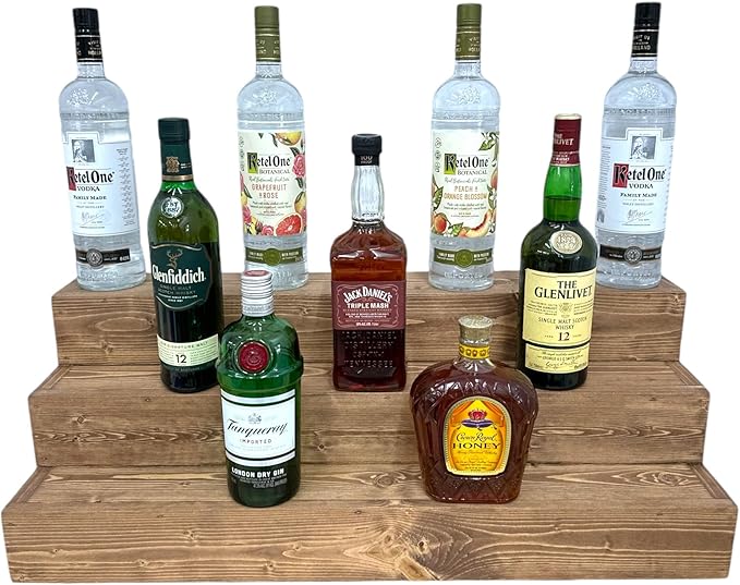 Handmade Tiered Display Shelving - Three Tier Bar Display - Bar Organizer - Liquor Bottle Display (30" with Back, Special Walnut)