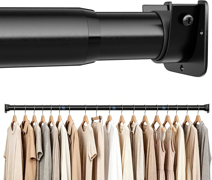 STARLATTA Heavy Duty Black Closet Rod: 17-69 Inch Stepless Adjustable Clothes Hanging Bar, 1.3" Diameter Metal Wardrobe Pole with Brackets, No-Cut, for Laundry & RV