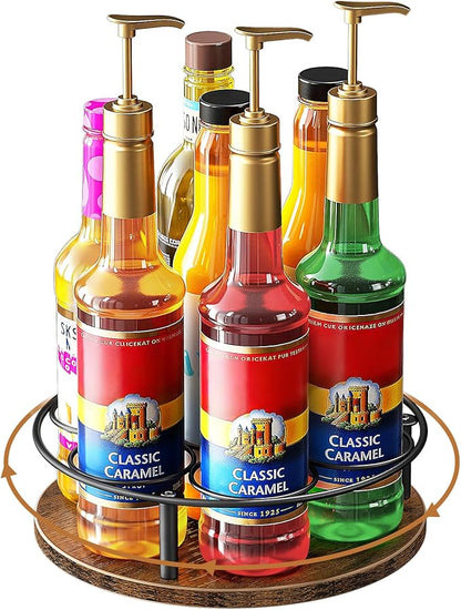 Nuovoware 7 Bottles Rotating Coffee Syrup Rack, Coffee Syrup Rack Organizer Carbon Steel Frame with Wooden Base Bottle Holder for Coffee Flavored Syrups Table Top Thermos Liquor, Black & Brown