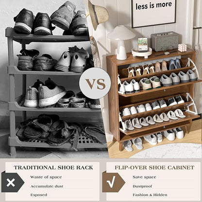 Shoe Storage Cabinet for Entryway with 2 Flip Drawers, Narrow Wood Shoe Cabinet with Fluted Panel, Freestanding Hidden Shoe Organizer for Foyer, Hallway (Walnut)