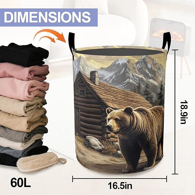 Cute Brown Bear Laundry Hamper Large Canvas Fabric Lightweight Storage Basket/Dirty Clothes Collapsible Waterproof for College Dorms, Boys and Girls Bedroom,Bathroom