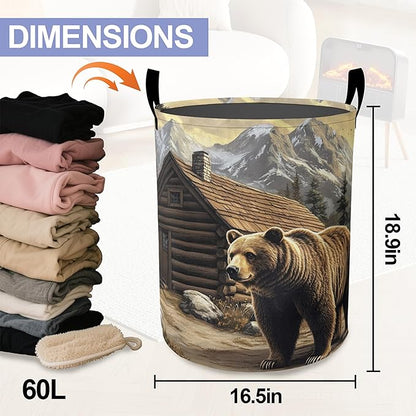 Cute Brown Bear Laundry Hamper Large Canvas Fabric Lightweight Storage Basket/Dirty Clothes Collapsible Waterproof for College Dorms, Boys and Girls Bedroom,Bathroom