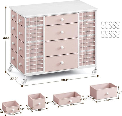 EnHomee 24 Drawers Dresser for Bedroom, Dressers & Chests of Drawers with 4 Wheels and 40“ * 23” Wide Wooden Top, Metal Frame, Organizer Island with Hooks for Bedroom, Cloakroom, Dressing Room, Pink