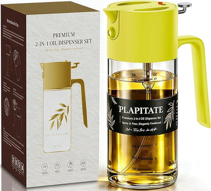 17oz/500ml Premium Olive Oil Sprayer for Cooking, 2 in 1 Glass Olive Oil Dispenser Bottle for Kitchen Gadgets, Spray Bottle with Portion Control for Salad, Frying, BBQ (Lime Yellow)