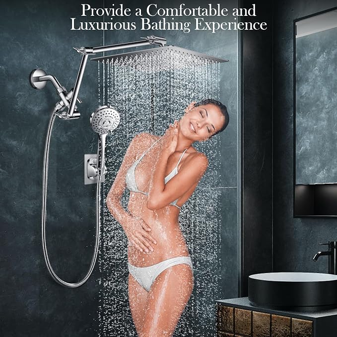 12'' Rain Shower Head Combo, High Pressure Rainfall Shower Head with 16'' Flexible Adjustment of Height/Angle Upgraded Extension Arm and 5 Setting Spray Handheld Shower Head, Anti-leak (Chrome)