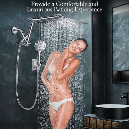12'' Rain Shower Head Combo, High Pressure Rainfall Shower Head with 16'' Flexible Adjustment of Height/Angle Upgraded Extension Arm and 5 Setting Spray Handheld Shower Head, Anti-leak (Chrome)
