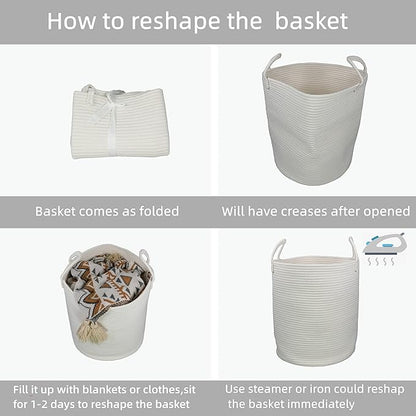 Cotton Rope Laundry Basket Hamper for Clothes Decorative Woven Storage Basket for Living Room Bedroom Boho Tall Rope Baskets for Blanket Toys Baby Nursery Hamper Bin Large white