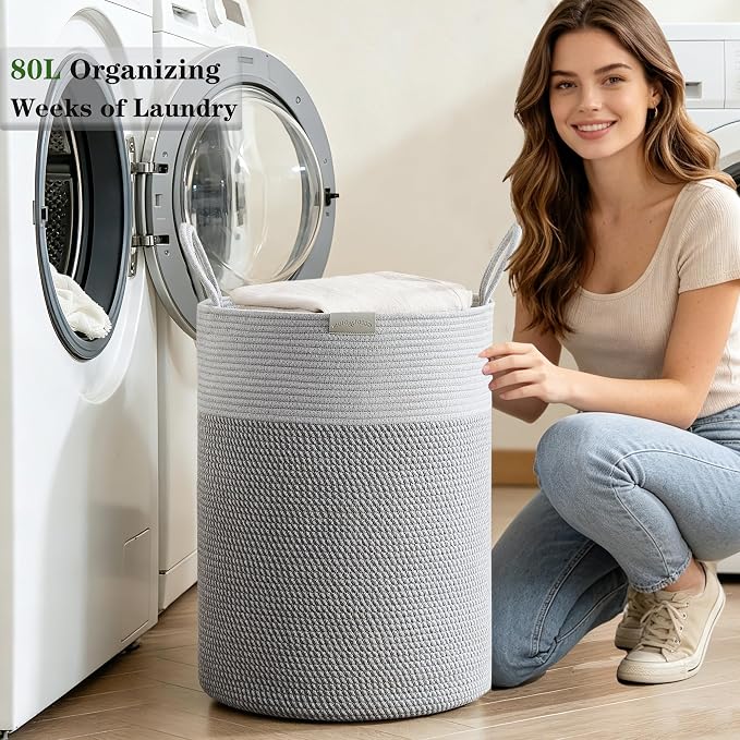 80L Extra Large Grey Laundry Hamper Basket, Tall Woven Hamper for Bedroom, Cotton Rope Laundry Basket for Clothes, 16x22 Inches