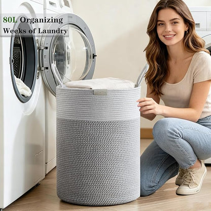 80L Extra Large Grey Laundry Hamper Basket, Tall Woven Hamper for Bedroom, Cotton Rope Laundry Basket for Clothes, 16x22 Inches