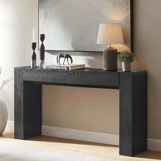 OKD Modern Entryway Console Table, Sofa Table with Drawers, 63" Long Hall Table Behind Couch, Thick Wood Design for Living Room, Hallway - Black Oak