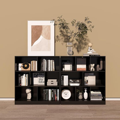 Black Bookshelf, Wooden Bookshelf with Base, Cube Storage Organizer, Bookcase for Living Room,Bedroom,Study and Office(Black, 7-Cube)