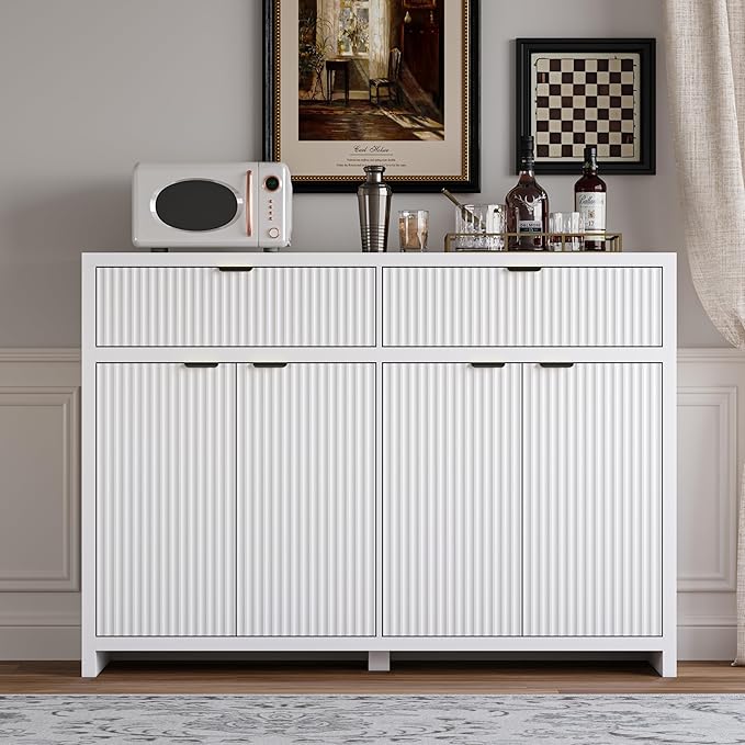 Fluted Sideboard Buffet Cabinet with Storage and Large Drawers, 55" W Credenza Storage Cabinet for Living Room or Entryway, 40'' H Farmhouse Buffet Table with Adjustable Shelves, Console Cabinet