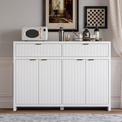 Fluted Sideboard Buffet Cabinet with Storage and Large Drawers, 55" W Credenza Storage Cabinet for Living Room or Entryway, 40'' H Farmhouse Buffet Table with Adjustable Shelves, Console Cabinet