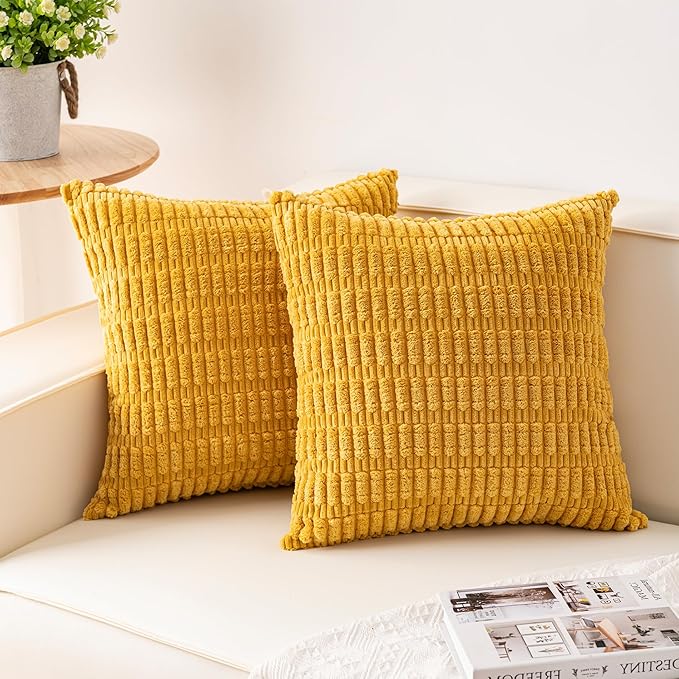 Aegero Pack of 2 Corduroy Decorative Throw Pillow Covers 24x24 InchSoft Striped Pillow Covers Modern Farmhouse Home Decor for Sofa Living Room Couch Bed（Yellow）