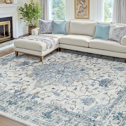 RELEANY Area Rugs 8'x10' Washable Non-Slip, Floral Vintage Distress Medallion Carpet for Living Room Bedroom Dining Room, Light Blue Navy Gray White
