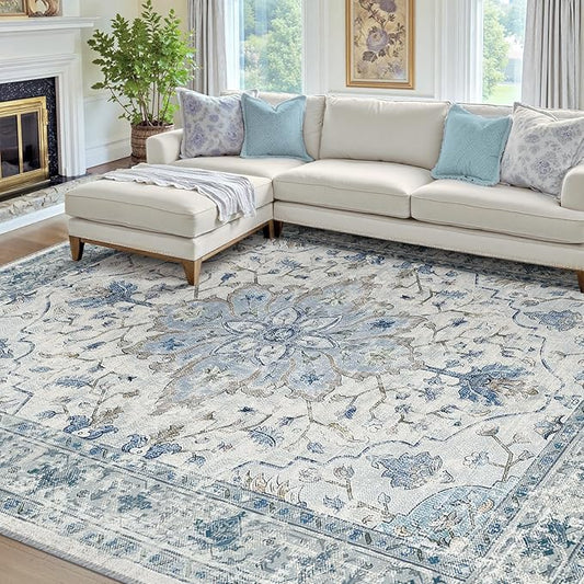 RELEANY Area Rugs 7'x10' Washable Non-Slip, Floral Vintage Distress Medallion Carpet for Living Room Bedroom Dining Room, Light Blue Navy Gray White