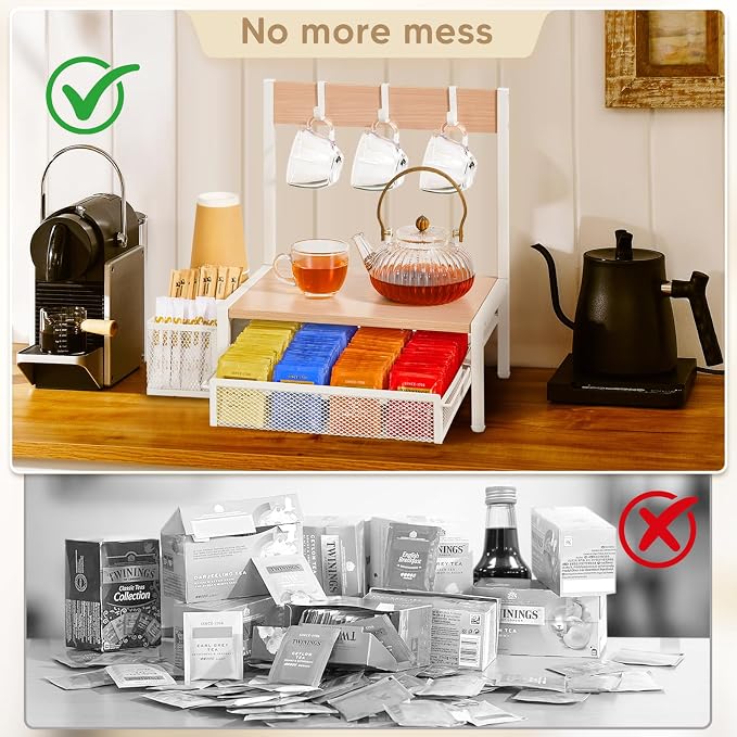 DGWJSU Tea Bag Organizer, Wood Tea Organizer and Storage Cheast, Tea Bag Holder with Storage Drawer, 4 Hooks for Tea Cups Holder, Tea Station Chest Display Container Box for Countertop Kitchen (White)