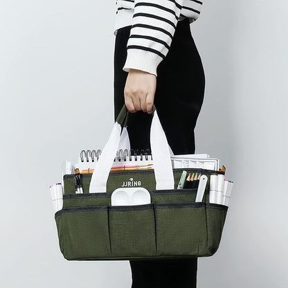 JJRING Craft Organizer Tote Bag, Art Storage Caddy with Multiple Pockets, Sap Green Sewing Bag for Art, Craft, Scrapbooking, Medical, and Office Supplies Storage