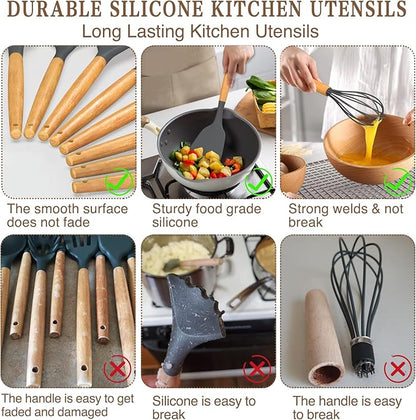 Umite Chef Kitchen Cooking Utensils Set, 33 pcs Non-stick Silicone Spatula Set with Holder, Woodle Handle Heat Resistant Gadgets Utensil (Gray)