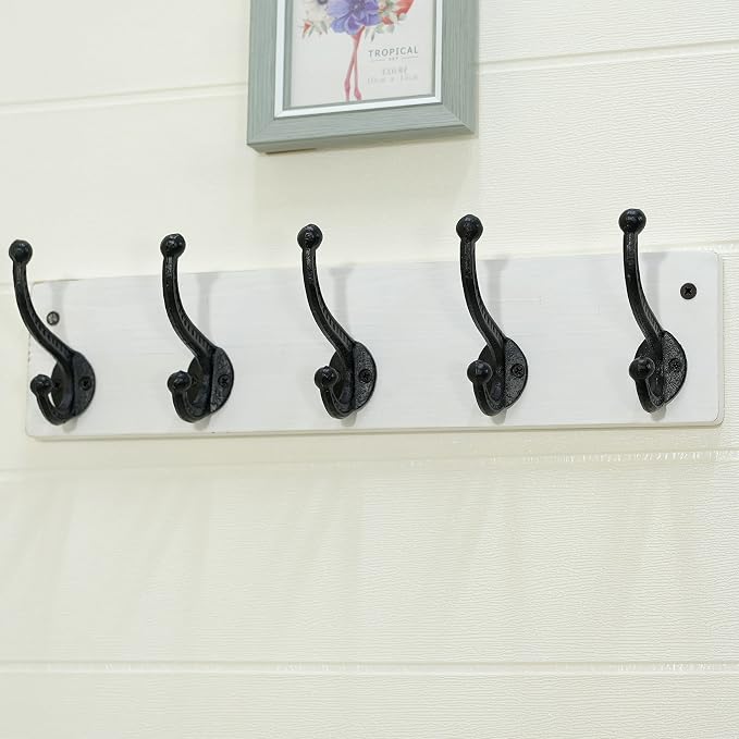WEBI Rustic Coat Rack Wall Mount,5 Cast Iron Coat Hooks Wall Mounted,Heavy Duty Wall Coat Hanger,Vintage Hooks for Hanging Coats,Clothes,Black on White