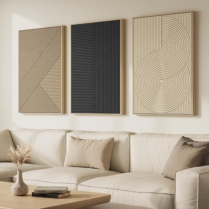 Framed 3D Textured Boho Abstract Wall Art for Living Room, Large 3 Piece Modern Neutral Minimalist Artworks, Black and Beige Geometric Sandstone Prints for Entryway Hallway Office Wall Decor, 24x36 In