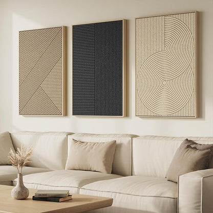 Framed 3D Textured Boho Abstract Wall Art for Living Room, Large 3 Piece Modern Neutral Minimalist Artworks, Black and Beige Geometric Sandstone Prints for Entryway Hallway Office Wall Decor, 24x36 In