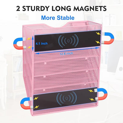 EASEPRES Magnetic 5 Pocket Mesh Hanging File Organizer, Wall Mounted Mail Paper Document Folder Holder, Clipboard Storage Organization Magazine Rack with Nametag Label for Office Home School, Pink