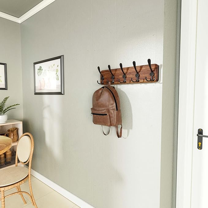 SKOLOO Rustic Wall Mounted Coat Rack: 16" Stud Spacing, Pine Real Wood Plank Wall Coat Rack with 5 Triple Hooks, Farmhouse Coat Hanger Wall Mount for Hanging Backpack Jacket Coat Hat,Pack of 2
