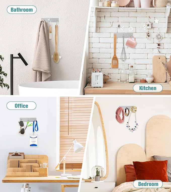 RELBRO Key Holder Wall Mount, Small Metal Self Adhesive Key Rack with 3 Hooks, 2 Installation Options, Silver