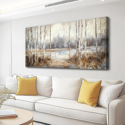 QIYILEXWART Large Wall Decor For Living Room Stretched And Framed Canvas Wall Art For Office Wall Decorations For Bedroom Birch Forest Painting By The Lake Picture Home Decor Ready To Hang