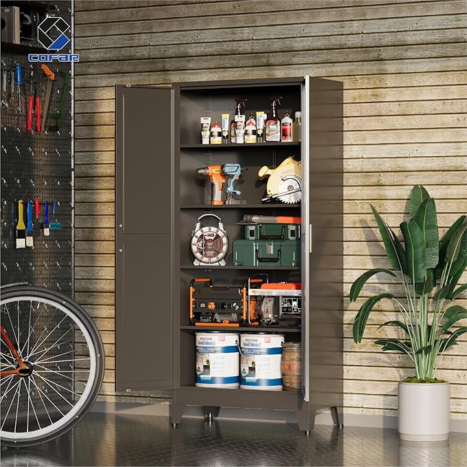 COFaR 71 in Tall Kitchen Pantry Cabinet, Metal Pantry Storage Cabinet with 4 Adjustable Shelves and 2 Barn Doors, Freestanding Farmhouse Food Cupboard for Dining Room Garage, Black 5-Tier