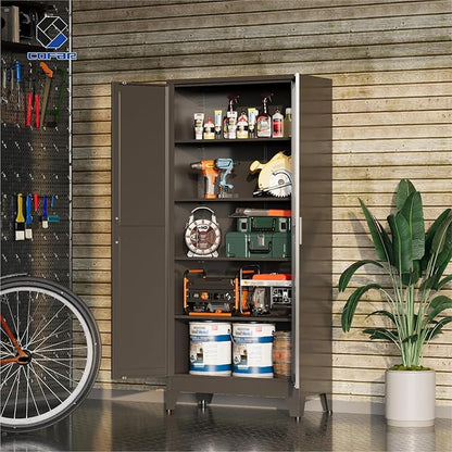 COFaR 71 in Tall Kitchen Pantry Cabinet, Metal Pantry Storage Cabinet with 4 Adjustable Shelves and 2 Barn Doors, Freestanding Farmhouse Food Cupboard for Dining Room Garage, Black 5-Tier