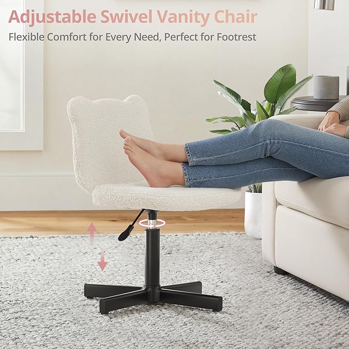 LUE BONA Adjustable Vanity Stool Chair with Girly Bear Ear Wide Back, 360° Swivel Vanity Stool for Makeup Room, Upholstered Teddy Velvet Ottoman for Girls, 350lbs, Beige