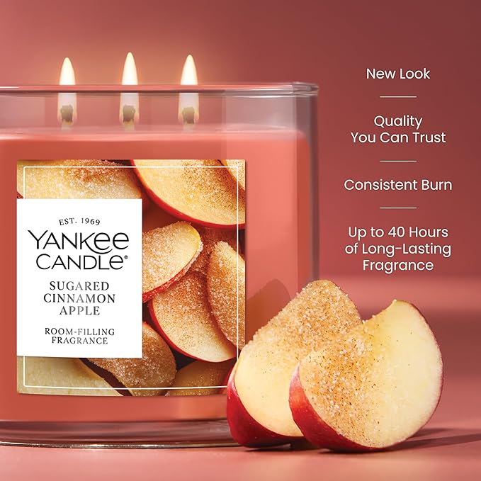 Yankee Candle Sugared Cinnamon Apple, Holiday Scented Candle, 14.5oz 3-Wick Candle Jar with up to 40 Hours Burn Time, Giftable