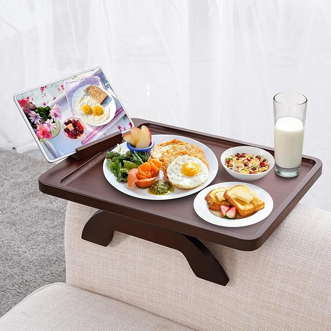 SINWANT Couch Arm Tray Table, Large Space 15.75"x 11.8" Bamboo Couch Armrest Table with 360° Rotating Phone Holder,Foldable Sofa Armrest Tray for Eating Snacks Drinks Remote Books